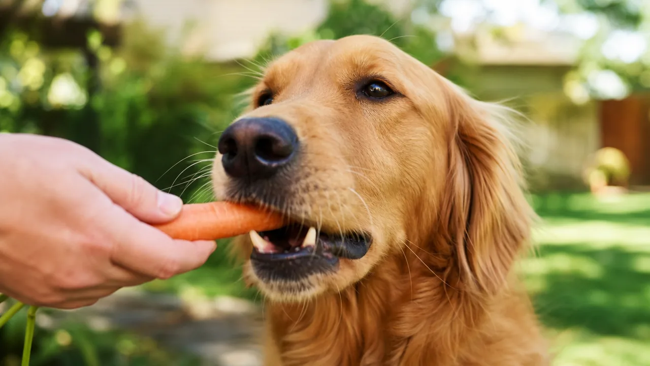 Golden retriever croquant une carotte crue tenue à la main dans un jardin