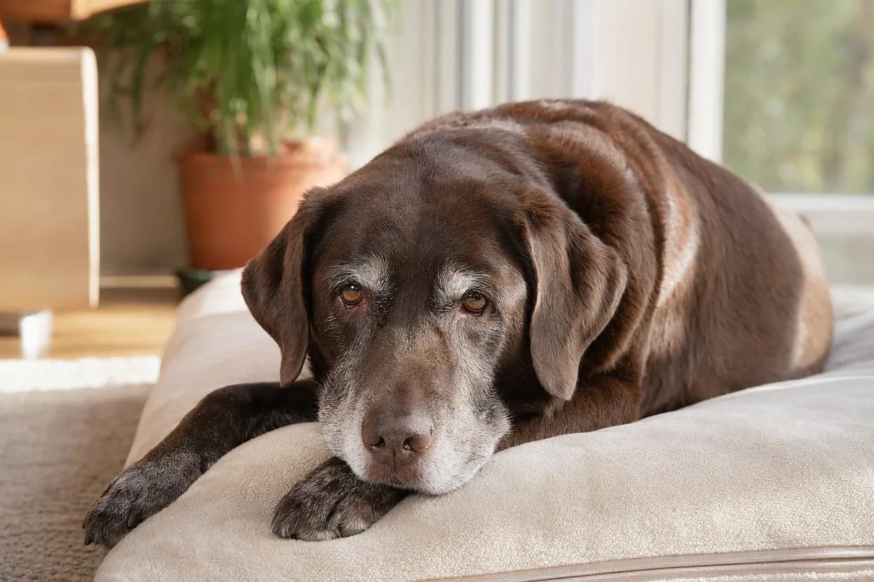 Labrador senior au museau grisonnant allongé paisiblement sur un couchage épais dans un salon