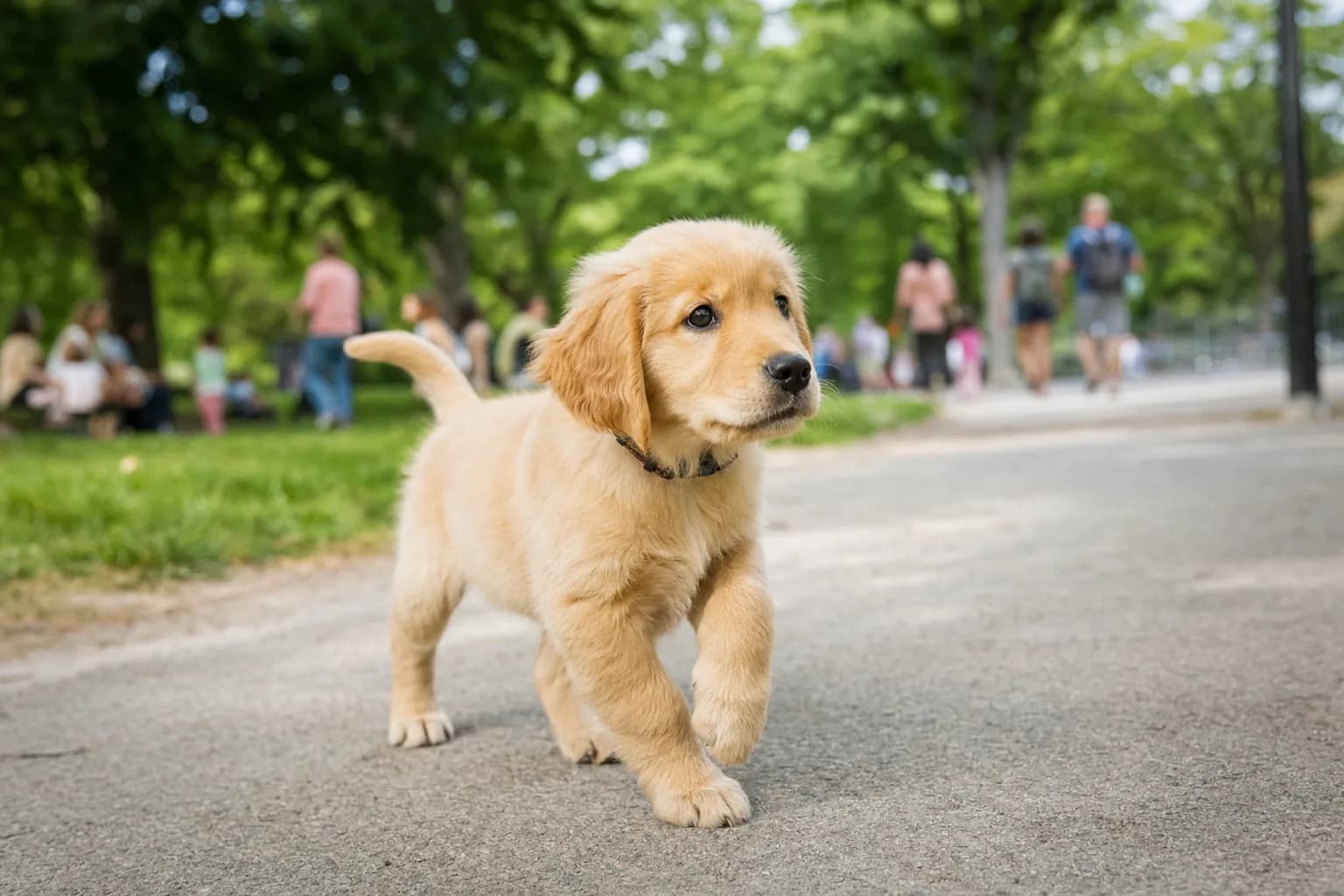 Chiot curieux découvrant un parc animé
