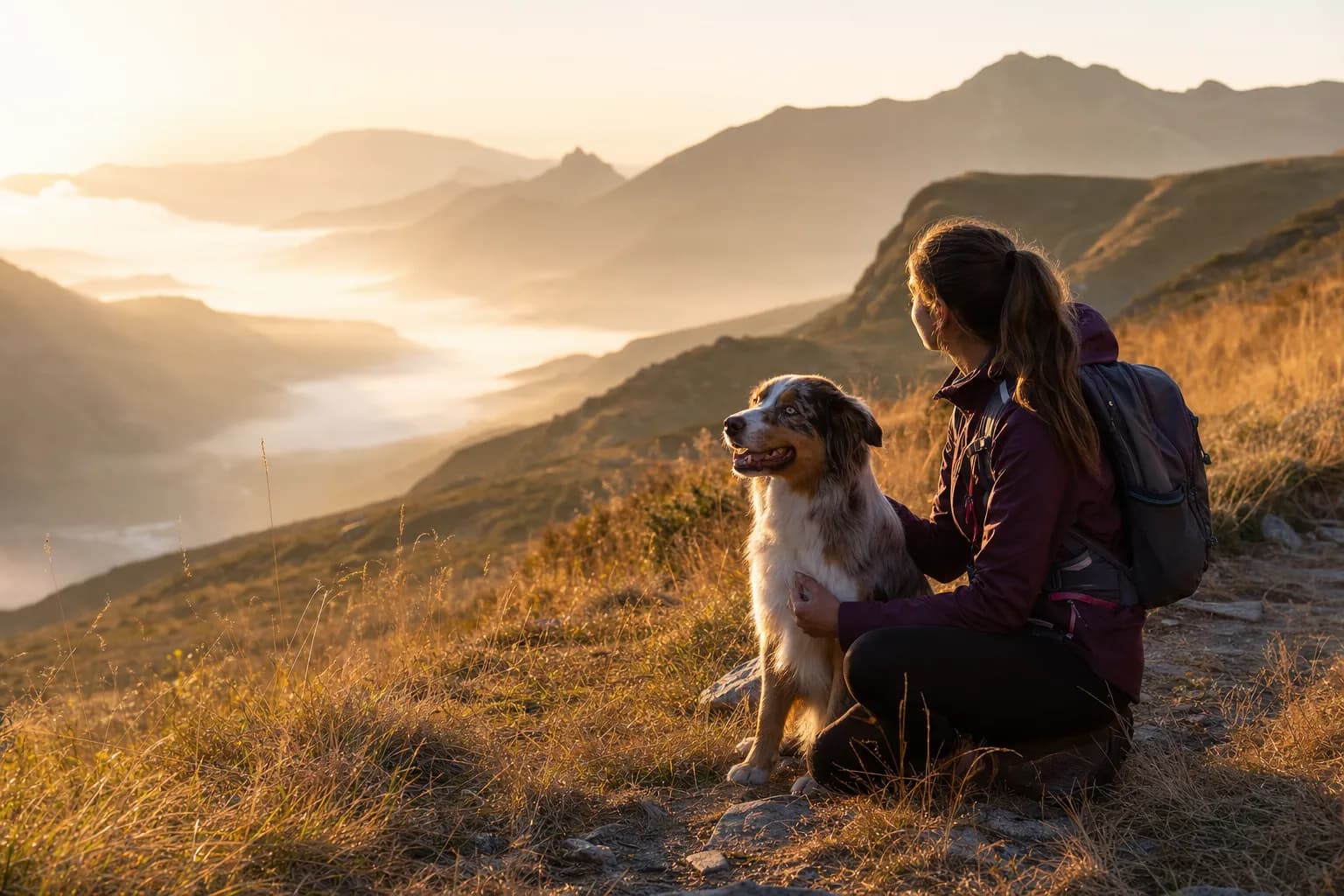 Une randonneuse fait une pause en montagne avec son berger australien face à la vallée